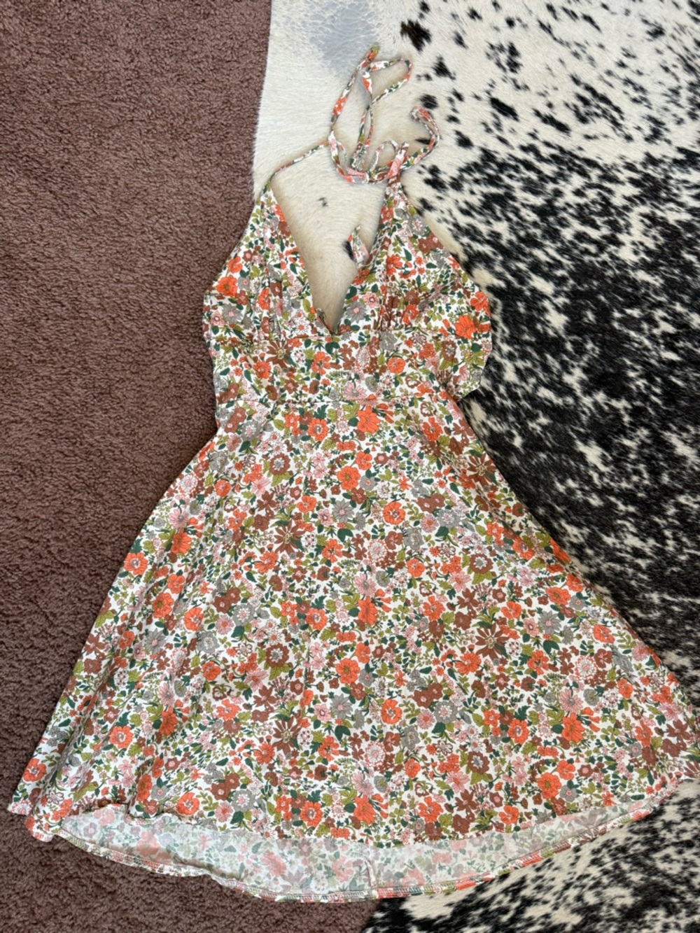SHEIN Floral Halter Dress in Coral, Green & Cream